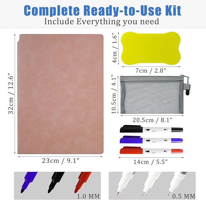 Portable White Board Dry Erase Notebook 12" x 9" (A4), Double Sided Folding Reusable Whiteboard with 3 Markers & 1 Pen Bag, Anti-Ghosting & Anti-Smudg Surface Notebook for Study, Meeting (Pink)