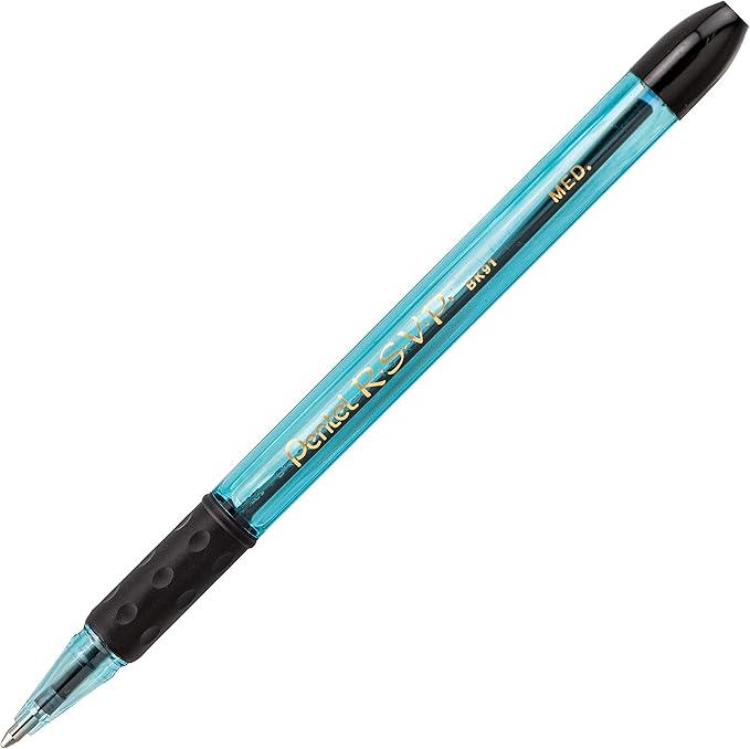 Pentel RSVP Razzle-Dazzle Ballpoint Pen, (1.0mm) Medium Line, Blue Barrel, Black Ink, Box of 12 (BK91RDC-A)