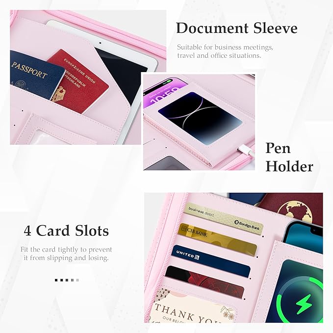EYROZILL Zippered Leather 3 Ring Binder Organizer with Pockets – Business Portfolio Folder with Card Slots, Phone Holder, Pen Loop (Pink)