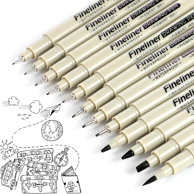 12 Pcs Fineliner Drawing Art Pens Black Waterproof Pigment Ink Set Outlining Archival Quality Markers Thin No Bleed Smooth Supplies for Artists Calligraphy Manga Journaling Illustration