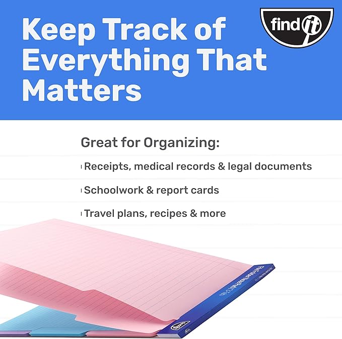 Find It File Folder Notepad - Pack of 72-9.5 x 12.5 Inch Notebook Organizer Folders for Filing, Document, and Clipboard Organization - Pastel