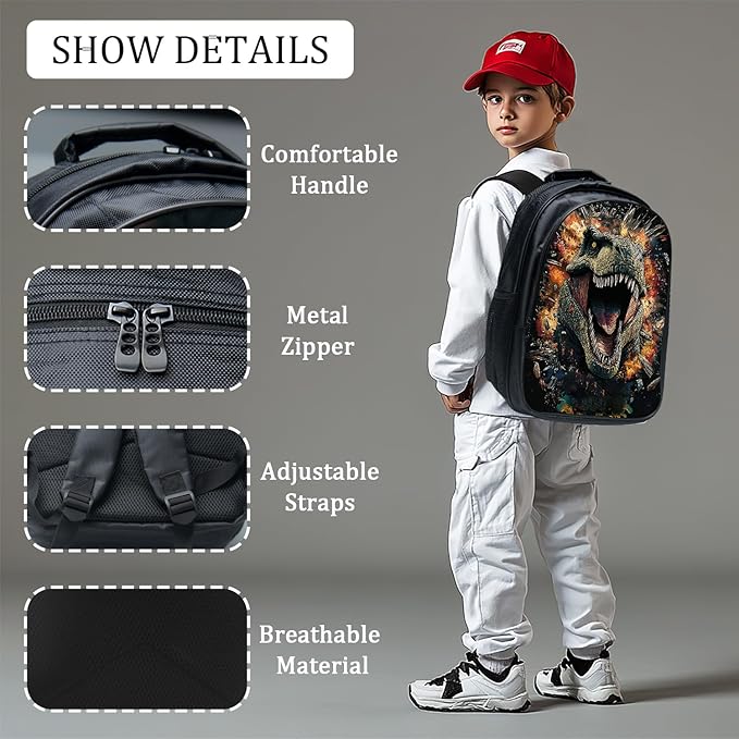 Dinosaur Backpack Set 3 Piece School Bags and Lunch Box with Pencil Case Black Dino Cool Bookbag Set for Toddler Kids Girls Boys Teens Kindergarten Elementary Middle