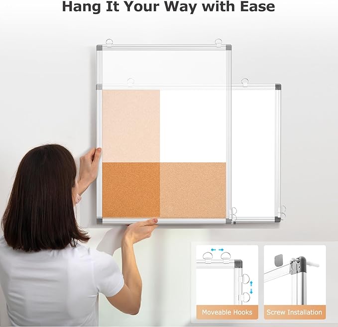 WALGLASS Dry Erase Cork Board Combo, 36"X48" White Bulletin Board for Wall, Magnetic Corkboard Whiteboard Combination, Vision Board for Office, Home, School
