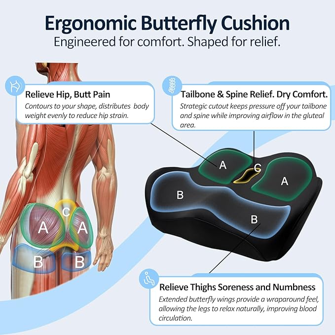 X Large Memory Foam Seat Cushions for Office Chairs, Long Sitting Pressure Relief Ergonomic Office Chair Cushion for Butt Coccyx Tailbone Sciatica, Car Seat Booster for Height (Black)