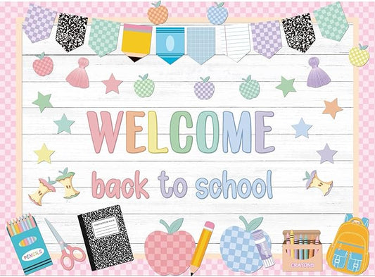 94 Pcs Composition Notebook Classroom Decor Welcome Back to School Bulletin Board Set Checkered Classroom Decor Pencil Apple Paper Cutouts for First Day of School Party Wall Door(Pastel)