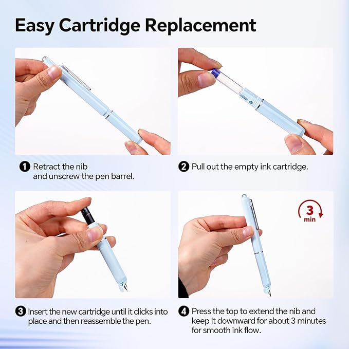 WRITECH Fountain Pen Fine Nib: Black Ink Retractable Pen Set Includes 5 Ink Cartridges Smooth Writing No leaking for Gift (Blue)
