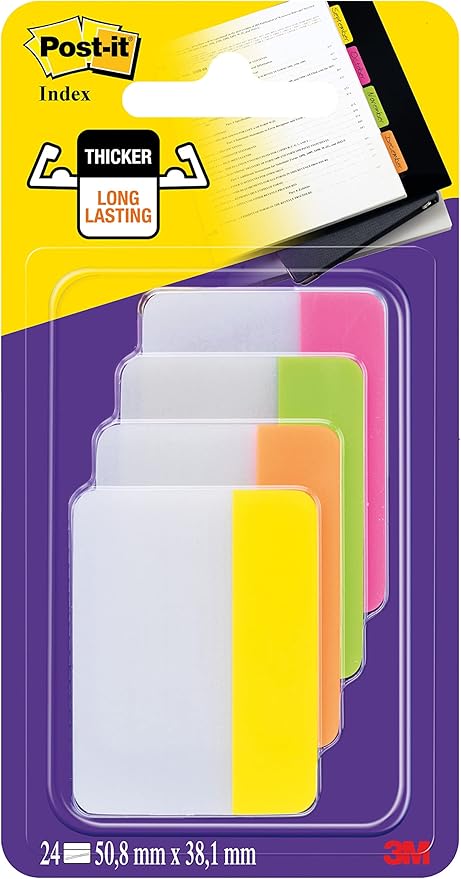 Post-It 686-PLOY Index Strong Filing Tabs, Pink, Green, Orange, Yellow, 51 x 38 mm (6 of Each Colour)