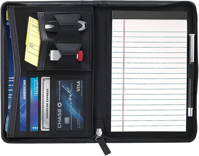 Small Portfolio Organizer, A5 Zippered Business Portfolio, Junior Padfolio Folder Binder for Women & Men, 5 x 8 Writing Pad Included, Black