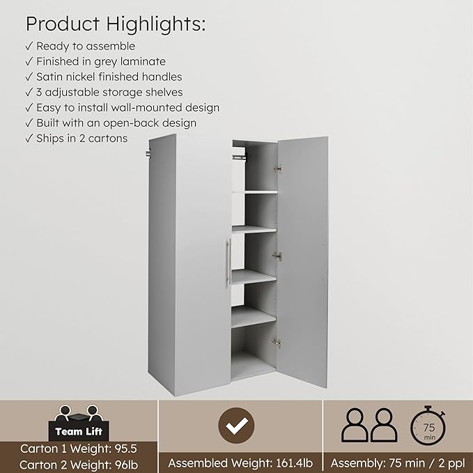 Prepac HangUps Large Storage Cabinet - Immaculate Light Gray 36" Cabinet with Storage Shelves and Doors; Ideal for Bin and General Storage Solutions