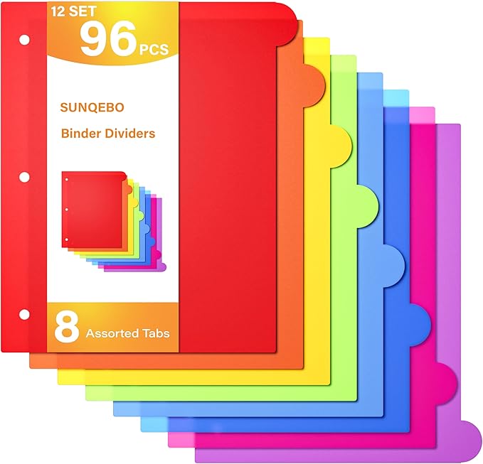 Dividers for 3 Ring Binder, 8-Tabs Dividers Bulk 96 Pcs 12 Set Plastic Binder Dividers with Tabs, 3 Hole Punched Dividers Letter Size for School Office, 8 Assorted Bright Rainbow Colors