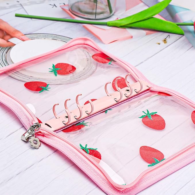 AxeWoodz Pink A6 Zipper Binder Clear Refillable Notebook Shell Cute Strawberry Lace Cover 6 Ring PVC Binder Cover for Photocard Planner Journal Photo Album