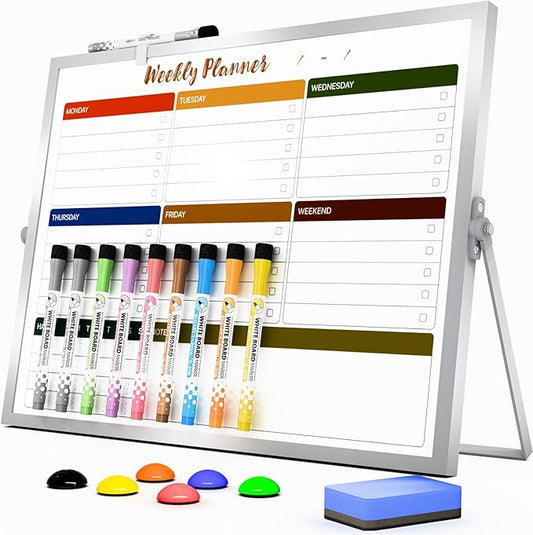 Dry Erase White Board with Stand,Double-Sided Weekly Whiteboard 16"x12", 10 Markers, 6 Magnets, 1 Eraser, Portable Desktop Whiteboard for Planning,Weekly Schedule Board for School for Home