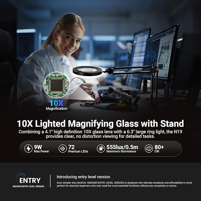 NEEWER Entry Level Version 10X Magnifying Glass with Light & Clamp Stand, 6.3" Dimmable Magnifier Lamp LED Ring Light for Desk with 3 Color Modes CRI80+ for Crafting Reading Close up Work, N19