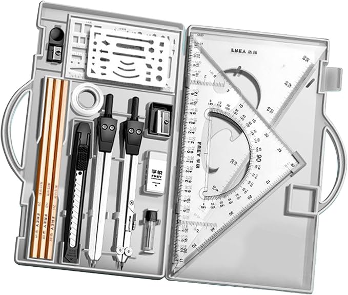 Professional Geometry Set(16Pcs) - Geometry Kit For Artists And Students | Geometry Set With Metal Rulers | Triangle Ruler Compass Protractor Set | Architecture Drawing Pencils Drafting Set