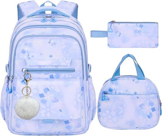 3Pcs Set Backpacks for Girls Teen, Cute Flowers School Bag Girls Bookbags with Lunch Box Pencil Bag, Multi-Pockets Kids Backpack for Elementary & Middle School, Light Blue