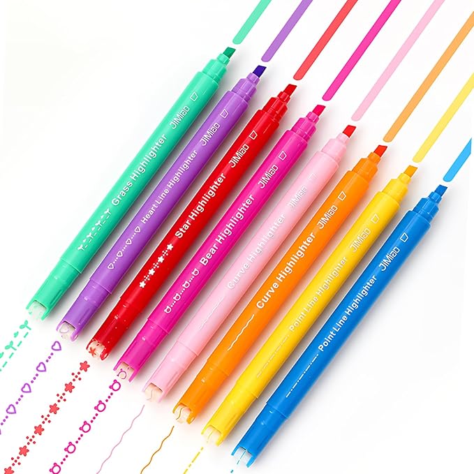 8PCS Curve Highlighter Pen Set, 8 Different Shapes Dual Tip Marker Highlighters for Note Taking Journaling Drawing, Colored Curve Pens Set for Planner Back to School Supplies