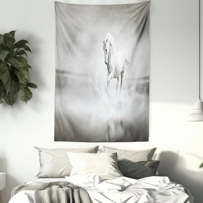 Ambesonne Horses Tapestry Queen Size, Wild Horse Running Through Water Dramatic for the Motivation of Life Art, Wall Hanging Bedspread Bed Cover Wall Decor, 88" X 88", Black and White