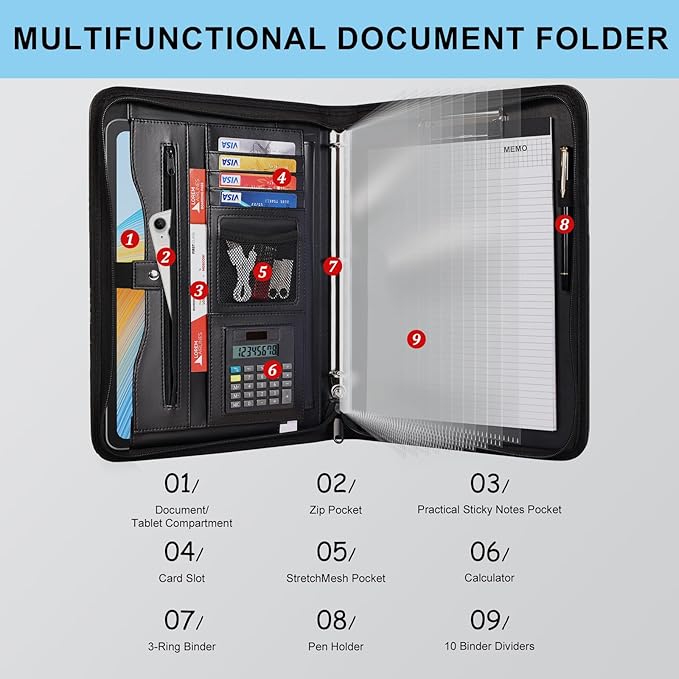 Eshow Portfolio Organizer - 3 Ring Binder with Zipper, Vegan Leather Business Padfolio Folder with Notepad Includes 10 Clear Sheet Protectors for Documents Files for Men Women