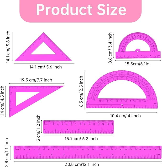 6 PCS Plastic Ruler Set Includes Transparent Ruler 12 & 6 Inch, Clear Protractor, and Triangle Rulers, Purple Rulers Math Geometry Set Measuring Tool for School Supplies Home Office Drawing