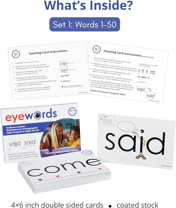 Sight Word Flash Cards with Sound Mapping & Phonics, Set 1 (High-Frequency Words 1–50) - Picture-Embedded, Multisensory Learning for Pre K - Grade 3 - Homeschool & Classroom Use - Model EW-25