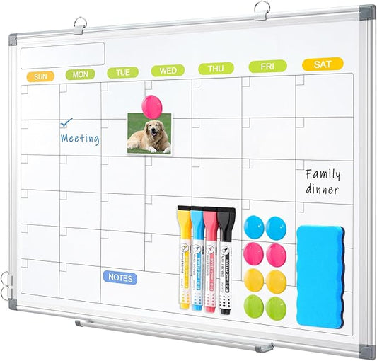 Dry Erase Calendar Whiteboard for Wall, WALGLASS 24" x 18" Magnetic White Board, Monthly Dry Erase Calendar with Silver Aluminum Frame, Double-Sided Hanging Portable Board for Office, Home, School