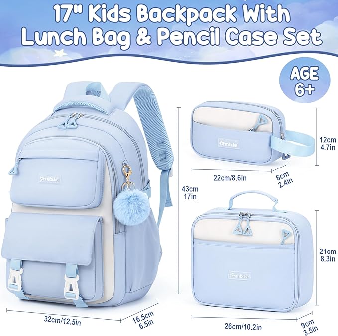 Fimibuke Backpacks for Girls, 3 PCS Waterproof School Backpack with Lunch Box & Pencil Pouch for Kids Teen Girl, Cute Bookbag School Bag for Elementary Middle High School Student Ages 6+(Blue)