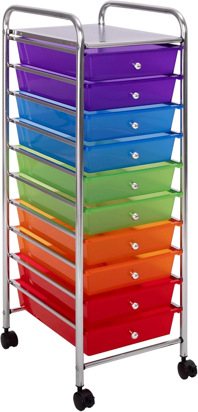 Seville Classics Rolling Utility Organizer Storage Cart, for Home Office, School, Classroom, Scrapbook, Hobby, Craft, 10 Drawer, Multicolor (Pearlized)
