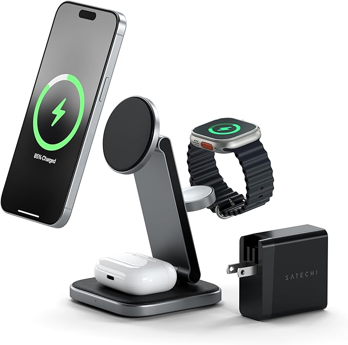 Satechi 3 in 1 Wireless Charging Station for Apple, MagSafe, Qi2 Certified, 15W Magnetic, Foldable Travel Charger Station for iPhone 17 to 12 Series, AirPods Pro/4/3, Apple Watch Series/Ultra/SE