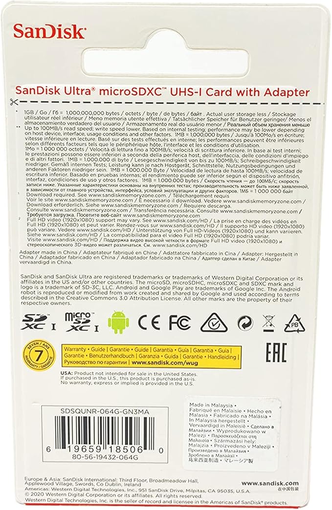 SanDisk Ultra 64GB UHS-I/Class 10 Micro SDXC Memory Card With Adapter- SDSDQUAN-064G-G4A [Old Version]