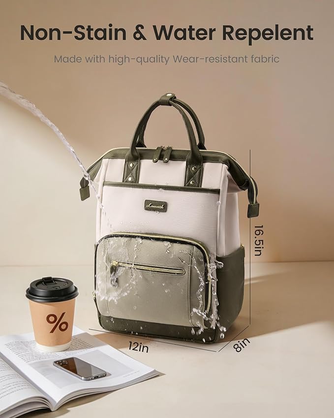 LOVEVOOK Laptop Backpack for Women with Giant Tumbler Holder,15.6 inch Professional Nurse Teacher Backpack Computer Laptop Bag,Cute Waterproof Travel Backpack Purse Work College Bag, Beige-Khaki