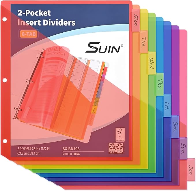SUIN 8-Tab Binder Dividers with Double Pockets - Translucent Plastic Page Separators for 3 Ring Binder, Front & Back Storage, Durable Poly, Letter Size, Rainbow Colors, 1-Pack