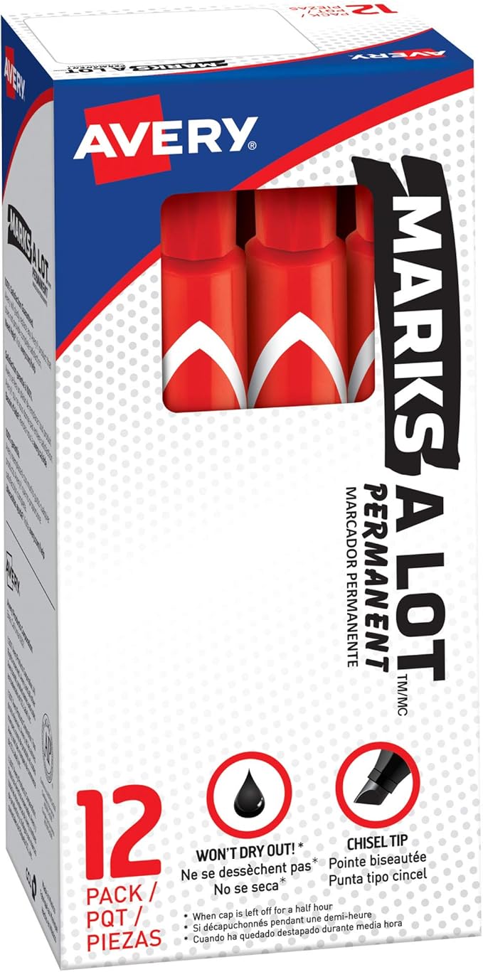 Avery Marks A Lot Permanent Markers, Large Desk-Style Size, Chisel Tip, Water and Wear Resistant, 12 Red Markers (08887)