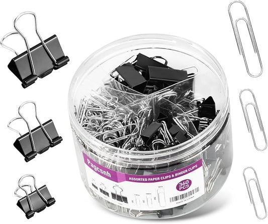 360 Pcs Paper Clips and Binder Clips Assorted Sizes, Large Medium Small Size Silver Paper Clips & Black Binder Clips with Container, for Office, Home, School Supplies