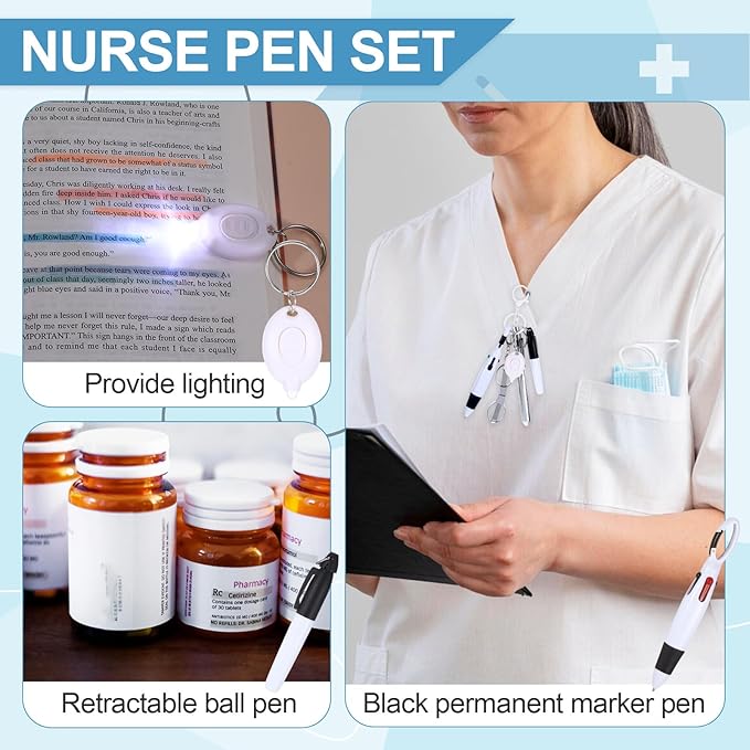 6 Pcs Nurse Pens for Badge Set,Nurse Badge Accessories with Reel Pen,Nursing Accessories Healthcare with Pens,Highlighter and Permanent Marker Pen and Led Keychain Foldable Scissors(White)