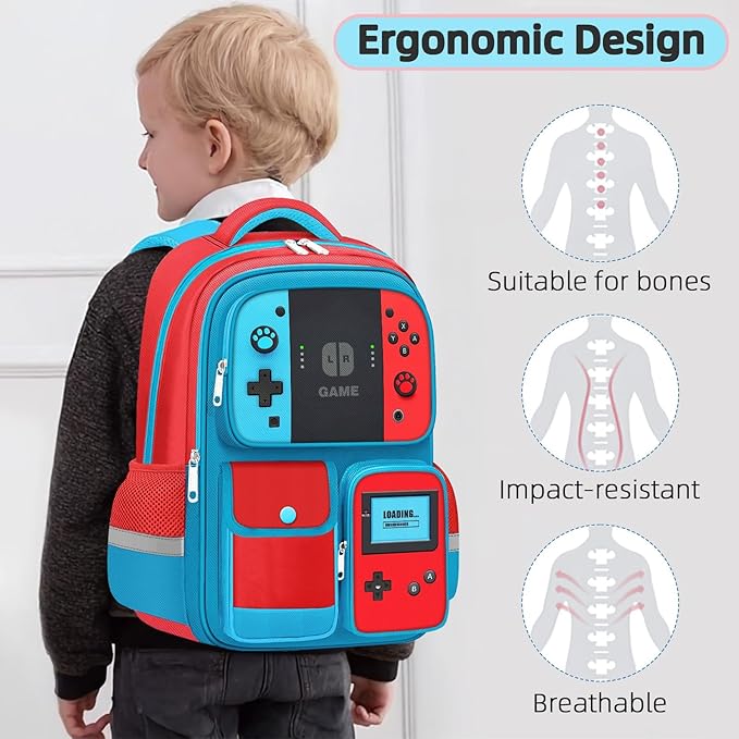Kids Backpack for Boys - 3pcs Gamer Boys Backpack with Lunch Box Set for Elementary Middle School - Students Bag for Ages 6-18,17″ Video Game Bookbag Travel Back Pack