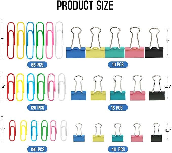 Paper Clips Binder Clips, 400 Pcs Colored Office Clips Set, Assorted Sizes Colored Paper Clips and Binder Clips Set Great for Document Organizing