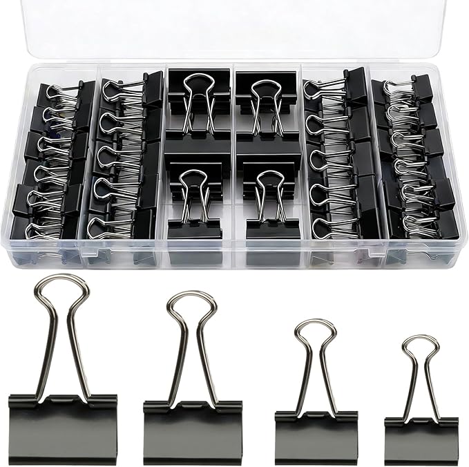Binder Clips Assorted Sizes, 140 PCS Black Binder Paper Clips Office Clips Office Supplies Desk, 4 Sizes Cute Binder Clips Large Medium Binder Clip Small Paper Clips Medium Paper Clamps (Black)