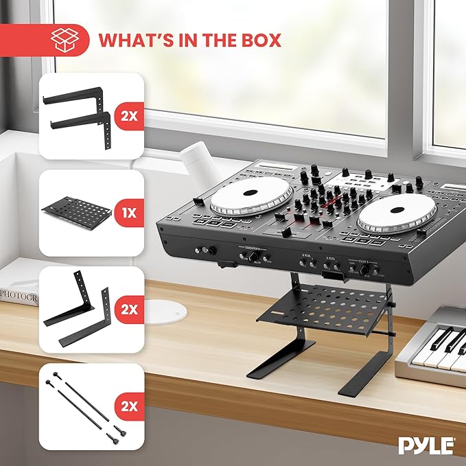 Pyle DJ Laptop Stand with Storage Shelf, Portable Adjustable Computer Stand for Laptop, Height Adjustable Laptop Floor Stand for DJ Booth, Studio, Live Events, and Home Use