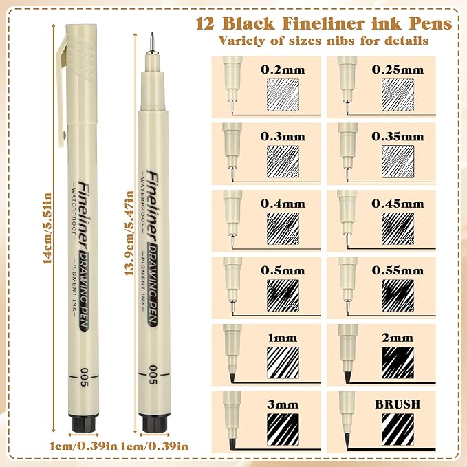 12 Pcs Fineliner Drawing Art Pens Black Waterproof Pigment Ink Set Outlining Archival Quality Markers Thin No Bleed Smooth Supplies for Artists Calligraphy Manga Journaling Illustration