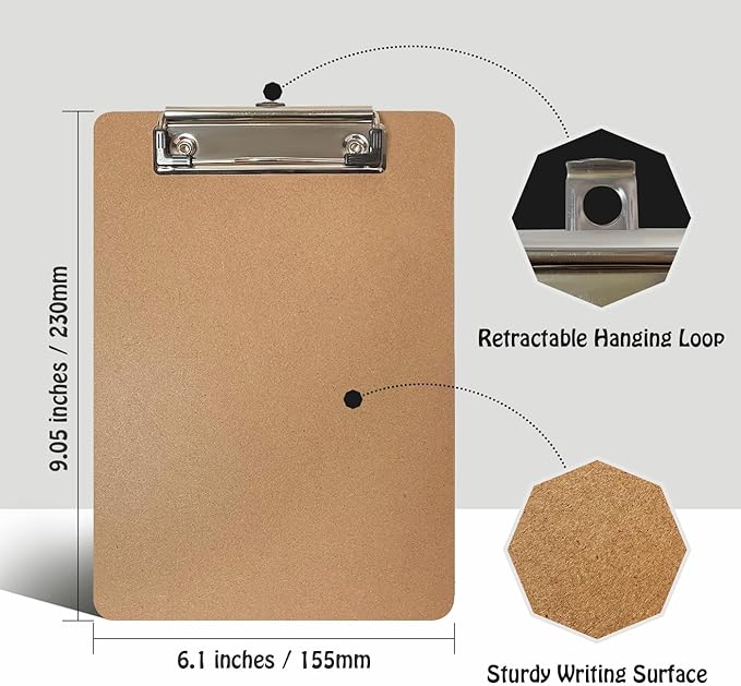 Mini Clipboards, 16 Pack 6" x 9" Small Clipboards Bulk, Wooden Memo Mini Clip Boards with Low Profile Clip, Hanging Loop for Office Home Classroom Supplies