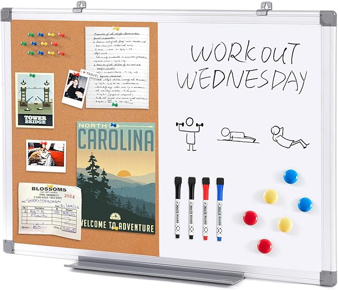 S SWANCROWN Dry Erase Board Cork Board Combo, 24"x18" Magnetic White Board and Bulletin Pin Board Combination,Hanging Wall Mounted Vision Board for Home, School, Office,Silver Frame