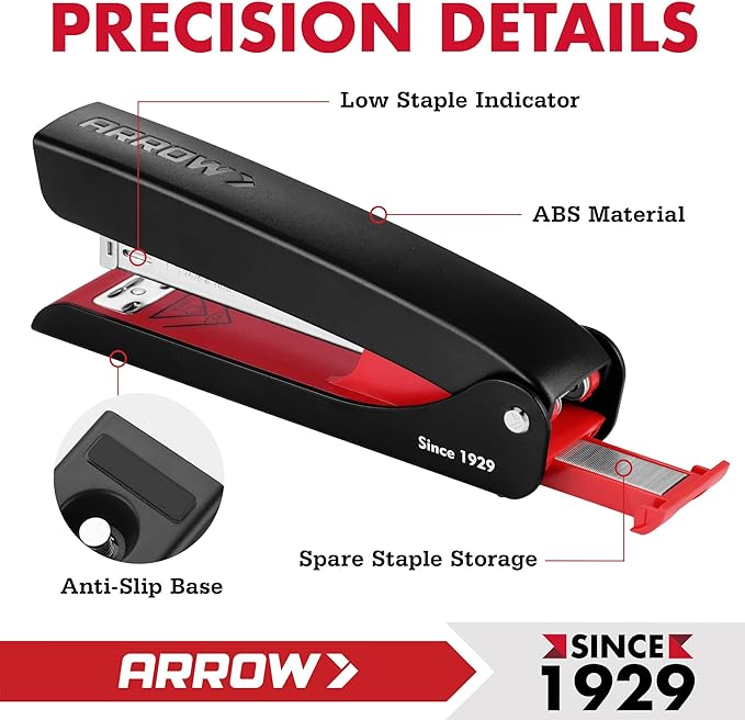 Arrow Full-Strip Stapler with Staples, 25 Sheets Capacity, Stapler with 2520 Count 26/6 Staples, Built-in Storage, Open for Tacking, Non-Slip, for Daily Office Use, School and Home Organization
