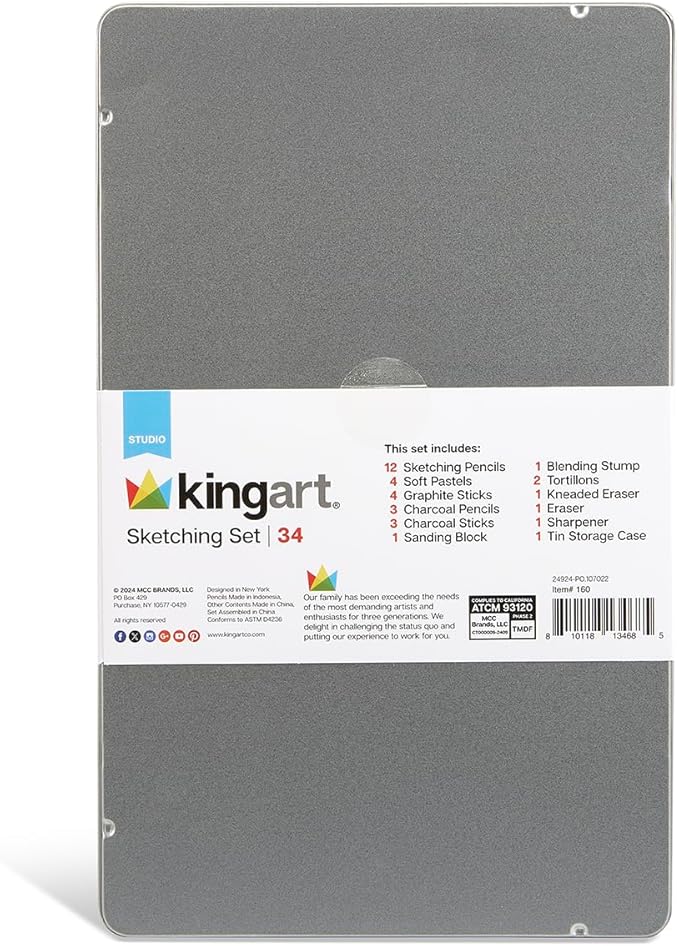 KINGART® Studio Sketching Set, 34 Piece Sketching Tools and Detailing Accessories, Art Supplies for Professional, Student, and Hobbyist Drawing