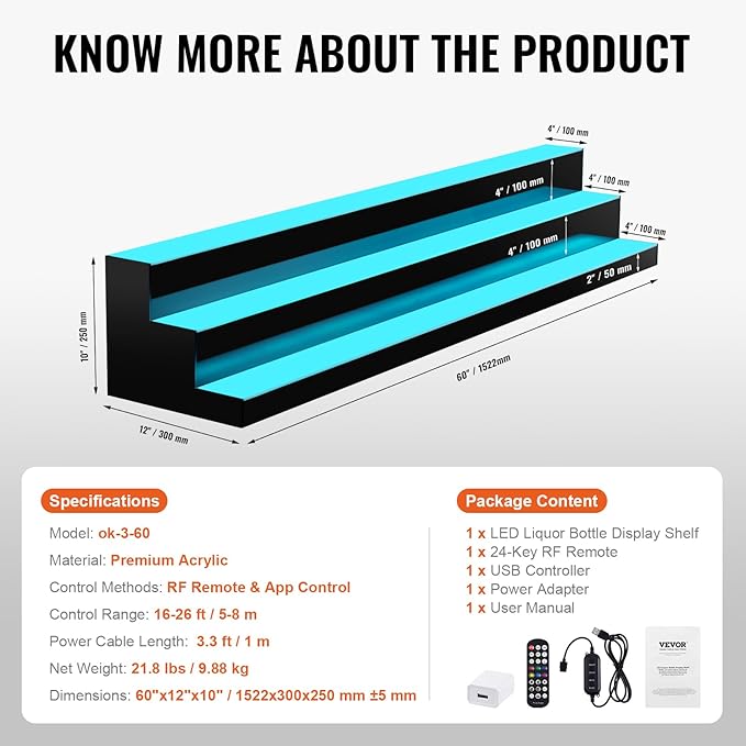 VEVOR LED Lighted Liquor Bottle Display Shelf, 3 Tiers 60 Inches, Supports USB, Illuminated Home Bar Shelf with RF Remote & App Control 7 Static Colors 1-4 H Timing, Acrylic Light Shelf