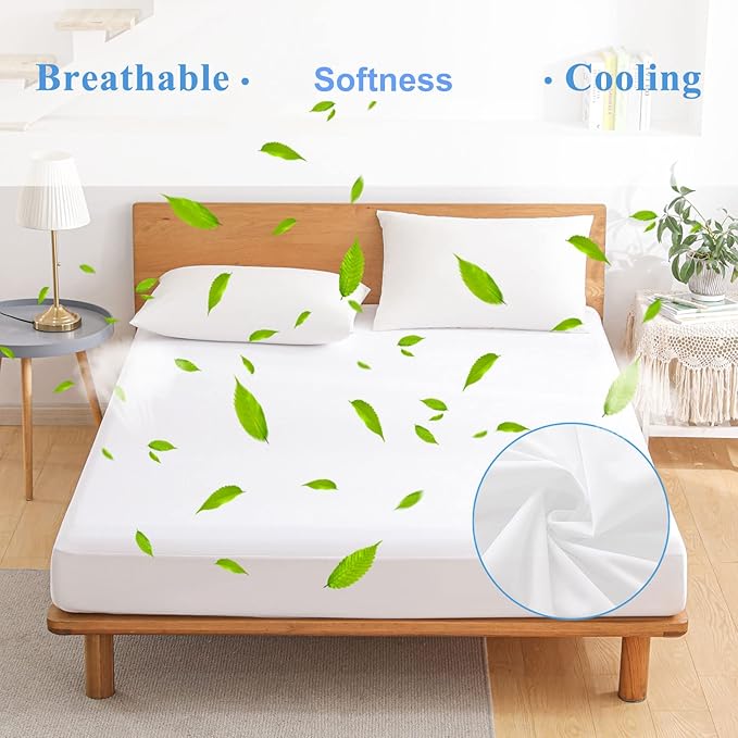 California King Waterproof Mattress Protector - Noiseless, Breathable, Machine Washable Fitted Mattress Cover with Deep Pocket up to 5”-21”（White）