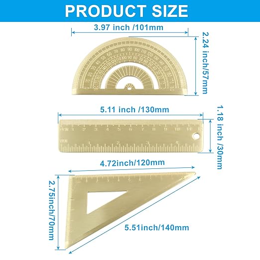 Brass Mini Ruler Set,Triangle Ruler & Protractor & 4 inch Straight Ruler,Drafting Ruler Set for Measuring, Drawing, Learning Math Geometry (3 Pack)