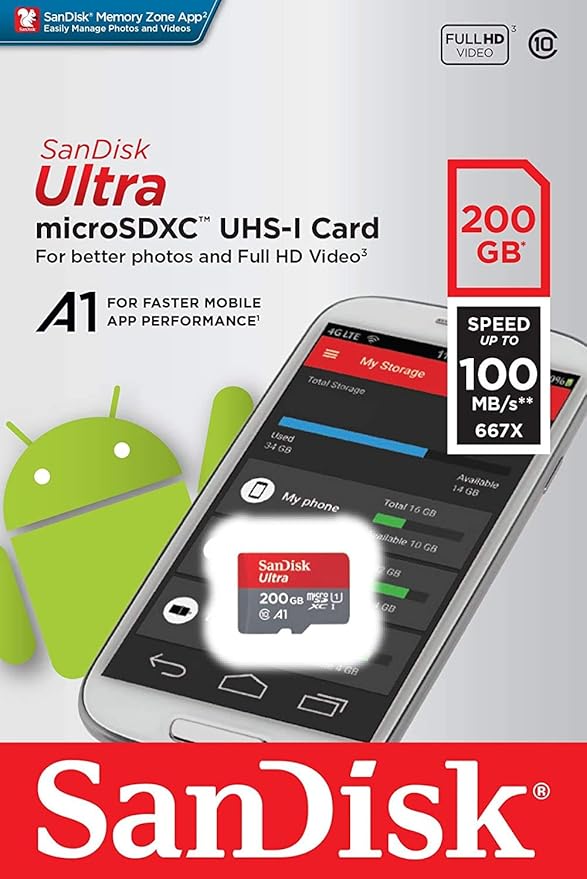 [Older Version] SanDisk 200GB Ultra microSDXC UHS-I Memory Card with Adapter - 100MB/s, C10, U1, Full HD, A1, Micro SD Card - SDSQUAR-200G-GN6MA
