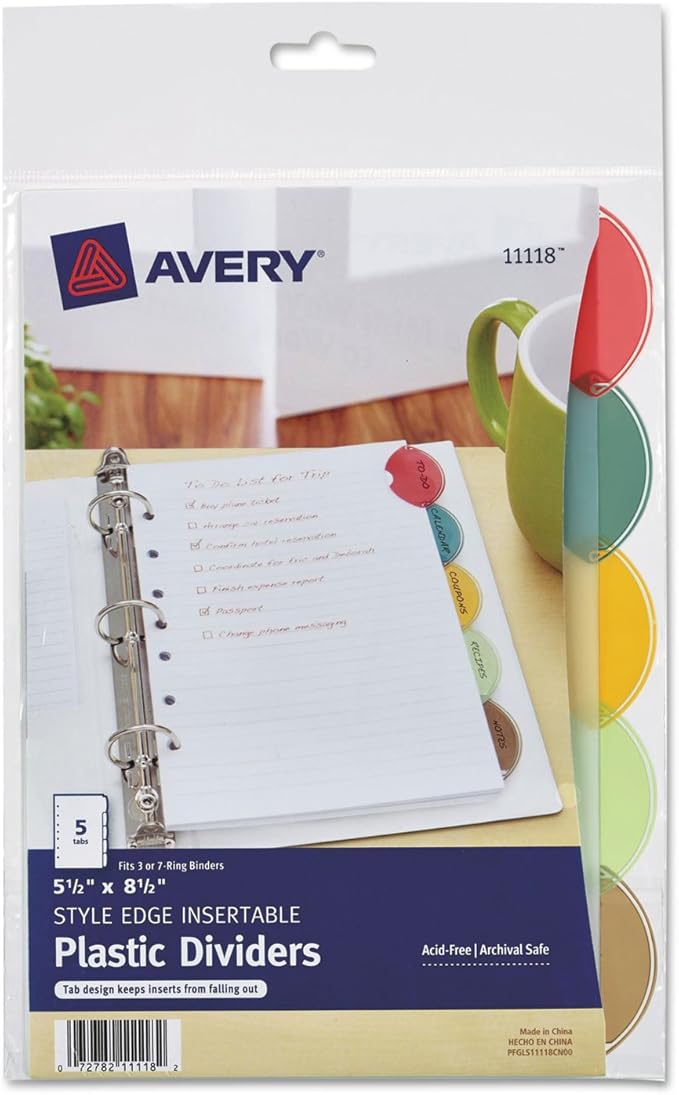 Avery 11118 Mini Dividers, 5/ST, 5-1/2-Inch x8-1/2-Inch, 7-Hole Punch, Multi