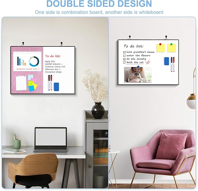 ARCOBIS Cork Board White Board Combo, 24"X18" Linen Bulletin Board Whiteboard for Wall, Double-Sided Magnetic Dry Erase Corkboard for Home, Office, School, Pink