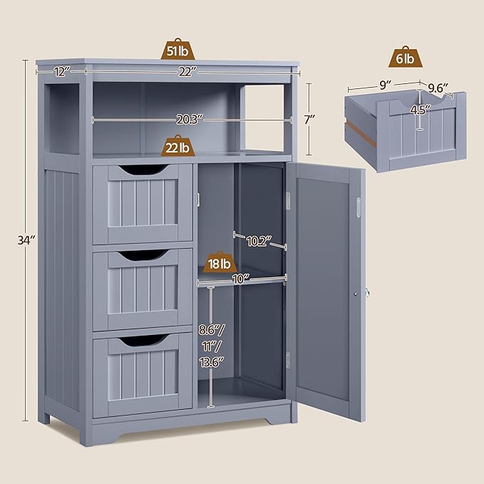Yaheetech Bathroom Storage Cabinet, Wooden Bathroom Floor Cabinet with 1 Door and 3 Drawers, Free-Standing Storage Unit for Kitchen/Living Room/Entryway, Gray